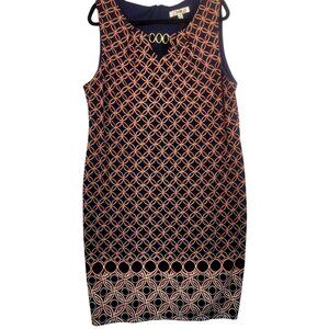 Chetta B Sleeveless Navy Orange Geometric Sheath Dress Gold Ring Detail Size 18